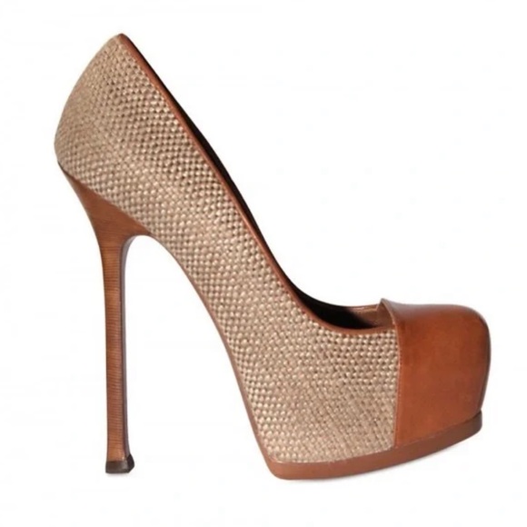 Saint Laurent Brown Natural Cap-toe Tribtoo Almond Pumps size 36 - Picture 1 of 17